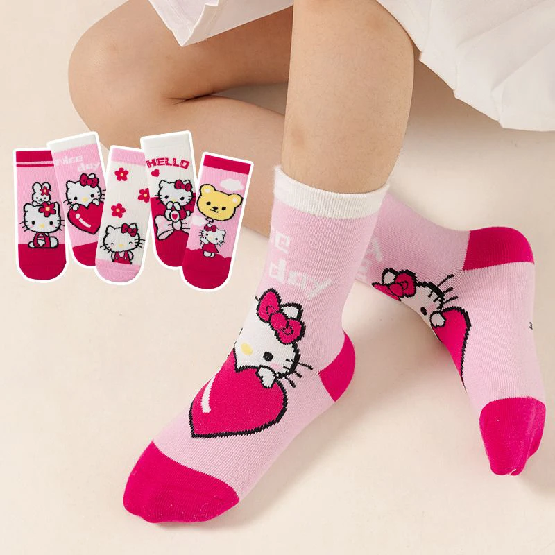 5Pcs Hot Sanrios Four Seasons Child 1-12 Years Old Medium Socks Kawaii Hello Kitty Cartoon Anti-Odor Breathable Cotton Socks Kit