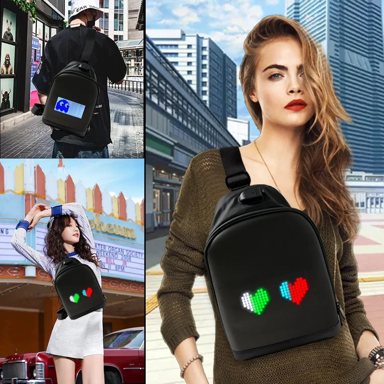 Imagem -02 - Smart App Led Pixel Mochila para Homens e Mulheres Faça Você Mesmo Graffiti Multilíngue Bolsa de Ombro Dinâmica Bolsa Peito Display Led