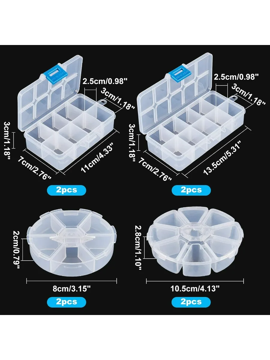 8 pcs 4 Styles Clear Plastic Jewelry Organizer Boxes Including 4 pcs 8 Grids 6 Grides Round 4 pcs 2 Sizes 10 Grids 8 Grids