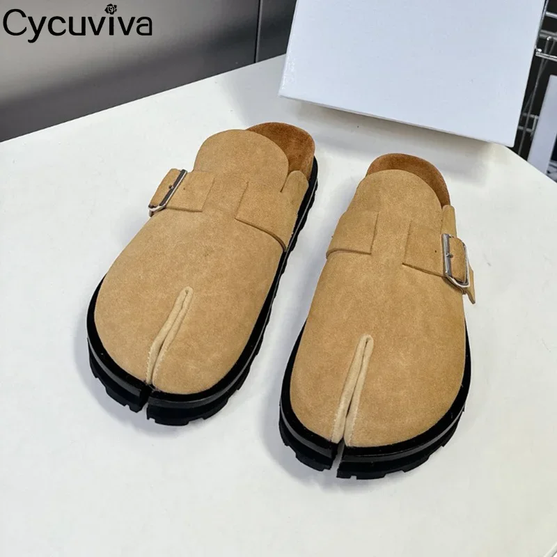 New Split Toe Half Slippers Women Suede Leather Holiday Flat Mules Slippers Casual Comfort Summer Walk Beach Shoes Woman