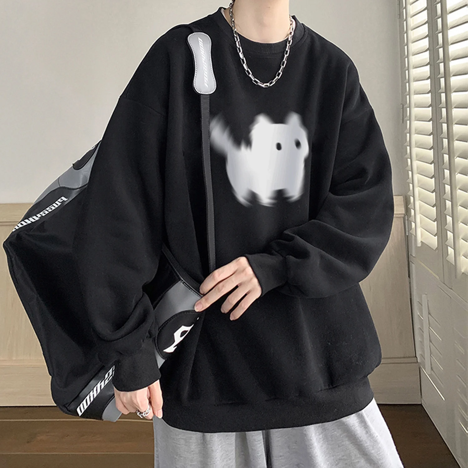 

Black White Dark Gray Apricot Cartoon Cat Print Hoodie Boys Spring And Autumn Loose Round Neck Large Size Tide Brand Coat M- 5XL