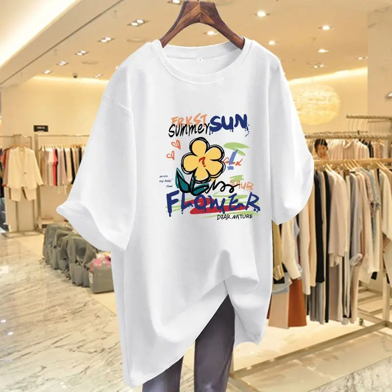 女性用プリント半袖Tシャツ,ルーズコットンTシャツ,丈夫なトップス,ベーシックな夏