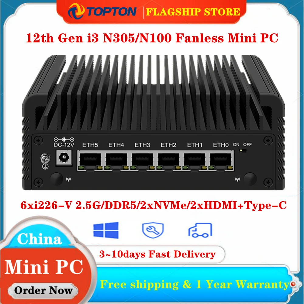 جهاز كمبيوتر صغير بدون مروحة من PfSense Proxmox ، 6x i226-V ، 6 LAN ، 2.5G ، جهاز توجيه جدار الحماية ، 12th Gen ، Intel i3 ، N305 ، N100 ، DDR5 ، 2x HDMI2.1 ، USB 3.2 ، Type-C