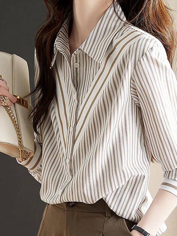 

Outlet Design Long Sve Women's irt Autumn Elegance Agel Coffee Stripes Top Korean Sle Straight Cut Polyester Cotton...