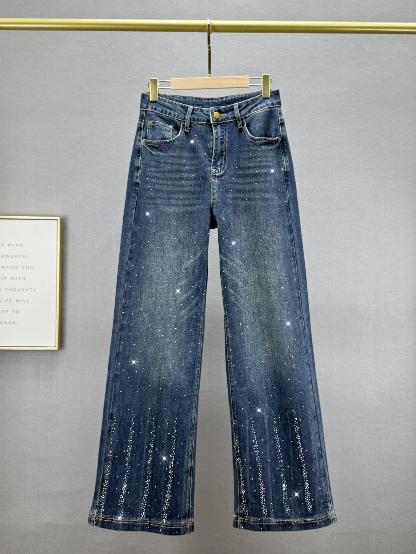 

High Waist Wide Leg Jeans Women's Loose Fit Slimming Floor Length Pants Glittering Diamond Autumn New Sle European Sle