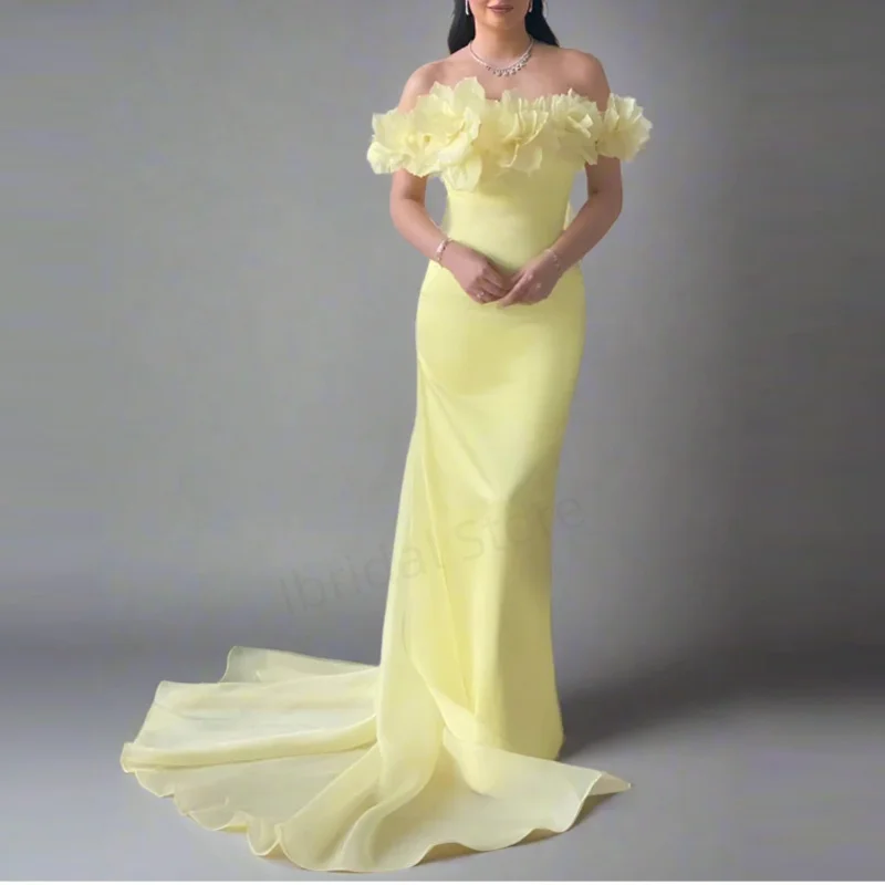 

Customized Elegant Light Yellow Off Shoulder Prom Dresses Sheath Flower Neck Evening Dress Satin Ankle-Length vestidos de fiesta