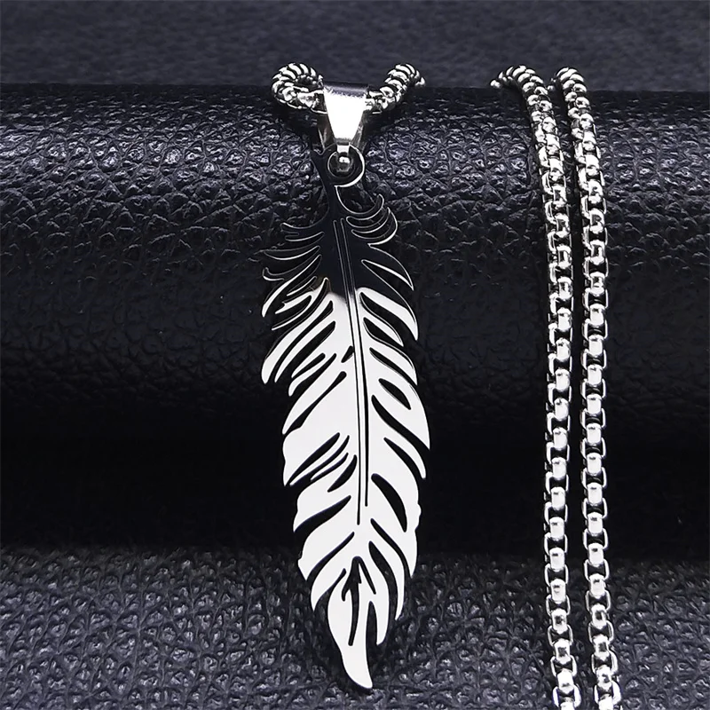 Boho Feder Anhänger Männliche Halskette für Frauen Männer Edelstahl Silber Farbe Blatt Kette Schmuck Geschenk kragen hombre N3393S01 – Detail 11