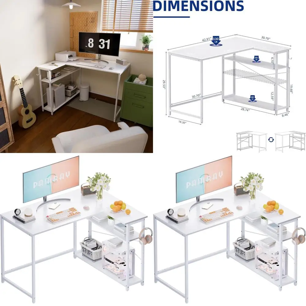 

43 L-Shaped Desk with Reversible Shelves for Compact Home Office, Study, or Bedroom - White