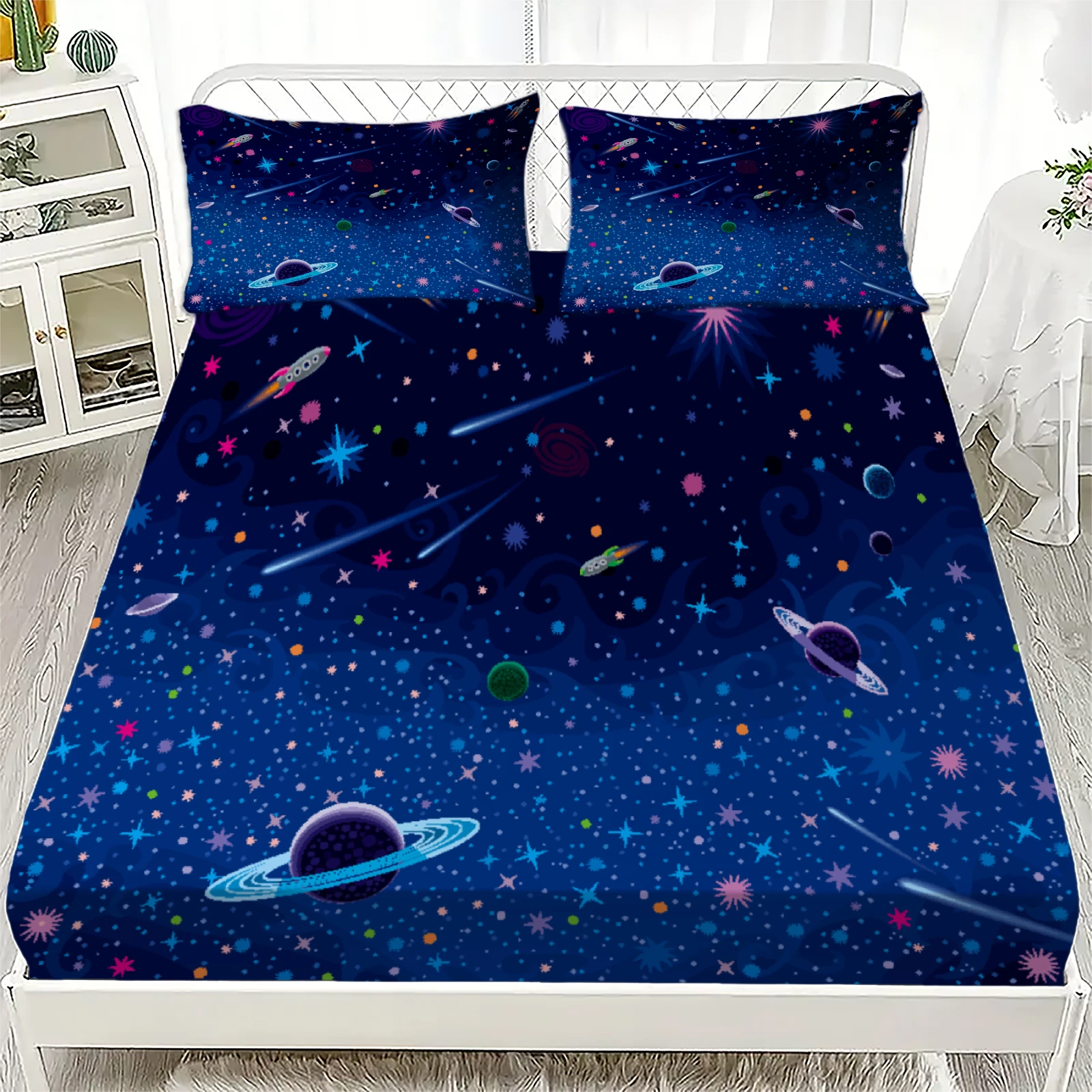 3pcs Fitted Sheet Set Cartoon Style Space Planets Stars Galaxies Cosmos Illustration Printed Bed Sheet With 2 Pillowcases