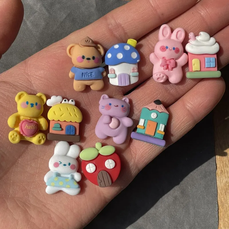 10pcs Cartoon Rabbit Bear House Character Parts Flatback Resin Cabochons Phone Cases Diy Accessories Insumos Manualidades