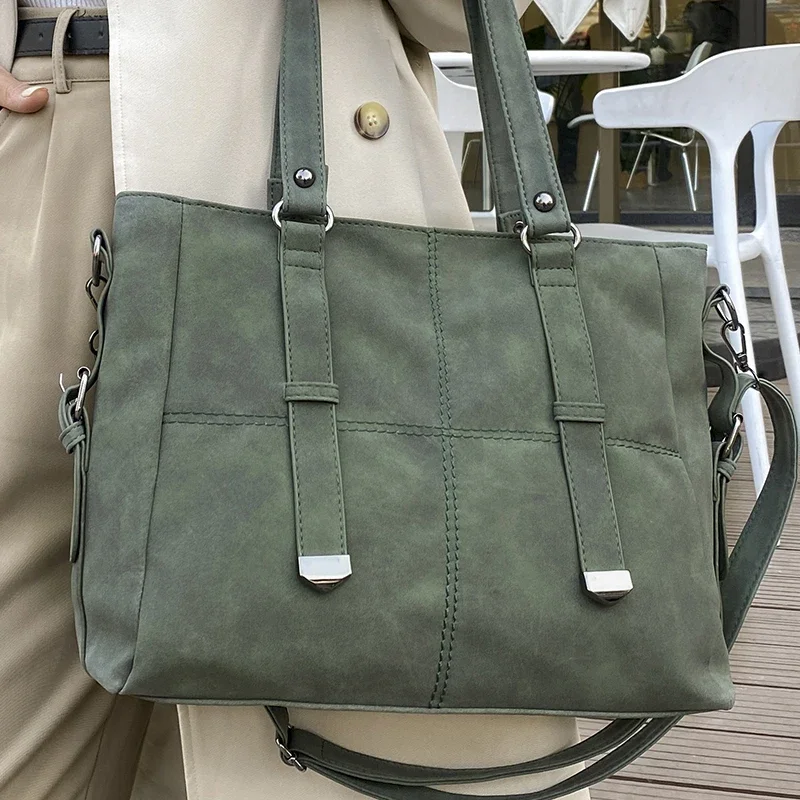 Female Retro Green Suede Shoulder Bag Vintage Quality Nubuck Leather Ladies Elegant Tote Handbag Women's Commuter Crossbody Bags