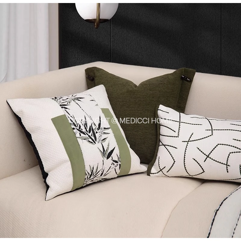 Medicci Home Retro Green Square Cushion Cover Chinese Bamboo Silhouette Print Throw Pillow Case 45x45cm Modest Luxury Home Decor