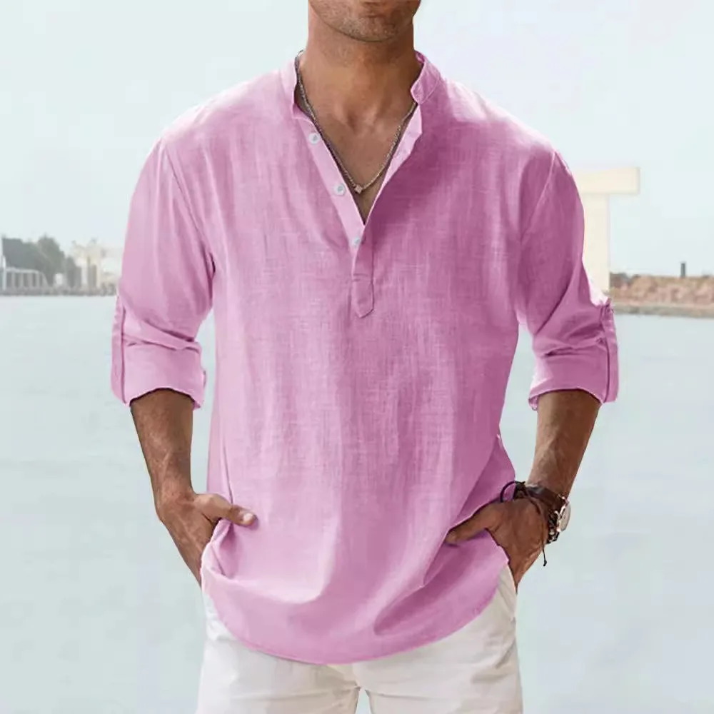 

Мужская легкая рубашка-хенли с длинным рукавом из хлопка и льна, приталенная, повседневная, в британском стиле, с воротником-стойкой, цветная