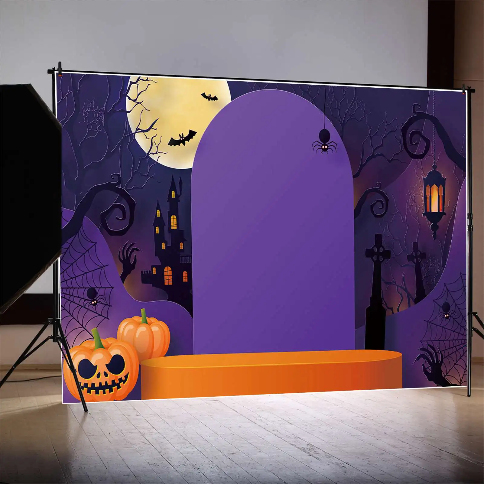 MOON.QG Backdrop Bluey Halloween Tombstone Party Stage Castle Spider Web Photography Background Lamp Jack O Lantern Branch Decor