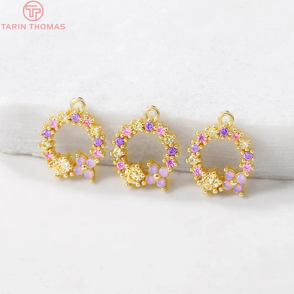 (1395)4PCS 11x13MM Hole 1MM 24K Gold Color Plated Brass with Zircon Flower Vine Charms Pendants High Quality Jewelry Accessories