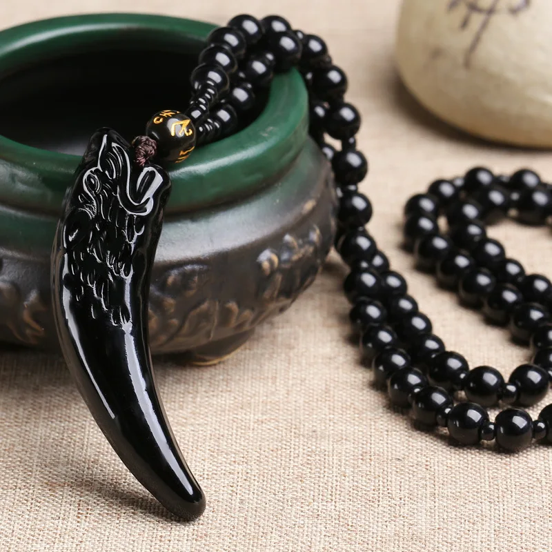 

Drop Ship Chinese Handwork Natural Black Obsidian Carved Long Wolf Head Amulet Lucky Pendant + Free Beads Necklace Jewelry