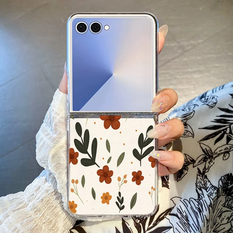Flower Leaf Printed Phone Case For Samsung Galaxy Z Flip 8 7 FE 6 5 4 3 5G Transparent Hard PC Cover For Samsung Z Flip8 Flip7