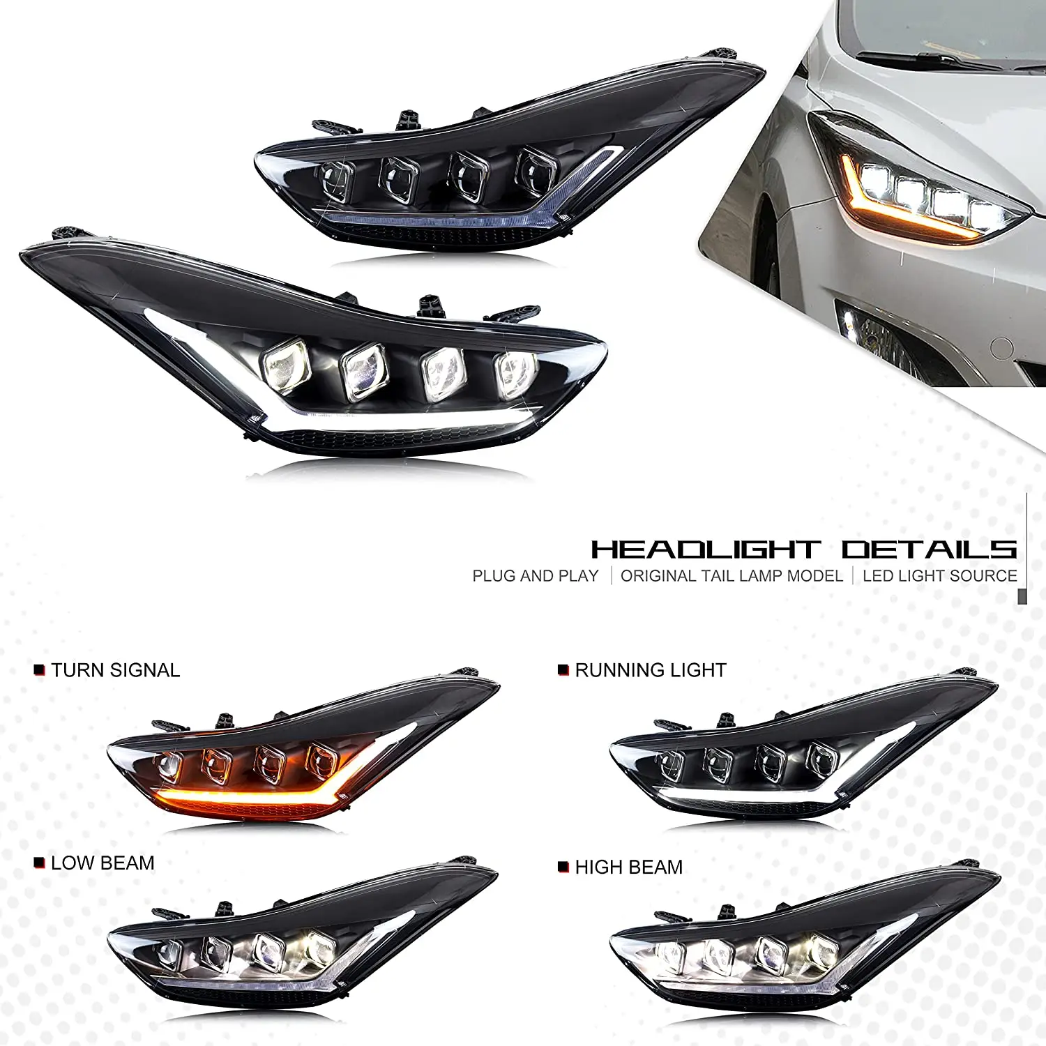 LED Headlights for Hyundai Elantra 2012 2013 2014 2015 2016 Start-up Animation Sequential Indicator High Beam Low Beam Projector