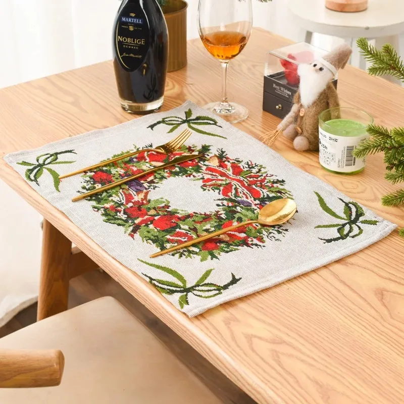 Christmas Festive Printed Linen Placemats, Heat‑Resistant & Non‑Slip, Decor Mats for Living Room, Dining Table and Coffee Table