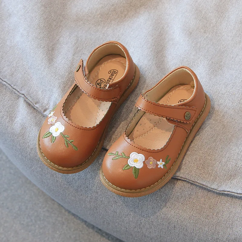 Children Leather Shoes Girls Genuine Leather Flower embroidery Shoes Soft Sole Non-slip Single Shoes Size 21-30