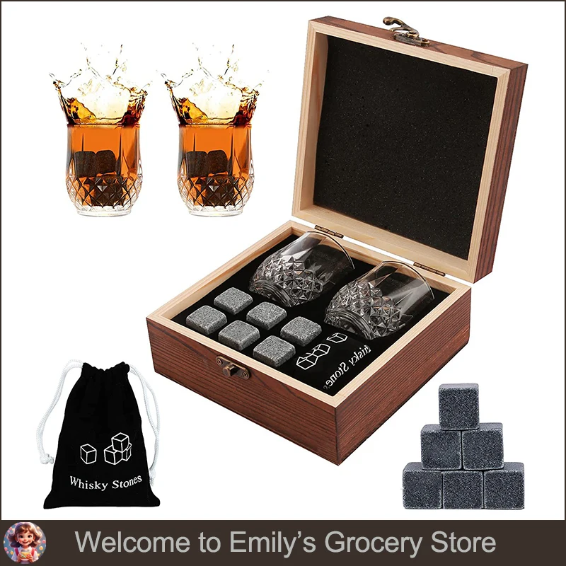 

Father's Day Gift for Men Whiskey Stones Glasses Set Granite Ice Cube for Whisky in Wooden Bottle Box Present for Dad Husband