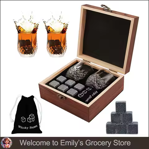 Father's Day Gift for Men Whiskey Stones Glasses Set Granite Ice Cube for Whisky in Wooden Bottle Box Present for Dad Husband
