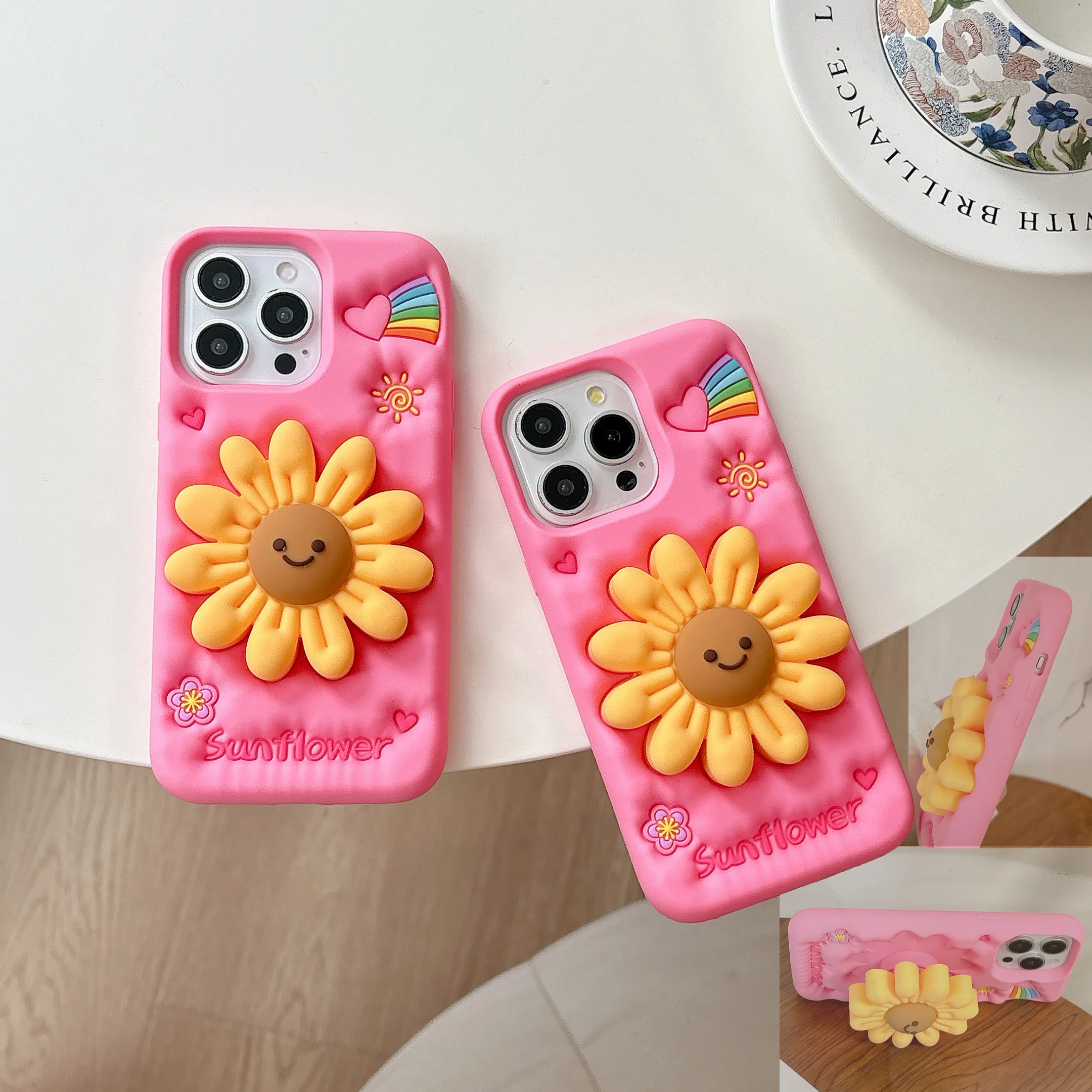 

3D Nice Sunflower with Invisible Telescoping Holder Soft Silicone Phone Case Stand Back Cover,For iPhone 12 13 14 15 16 Pro Max