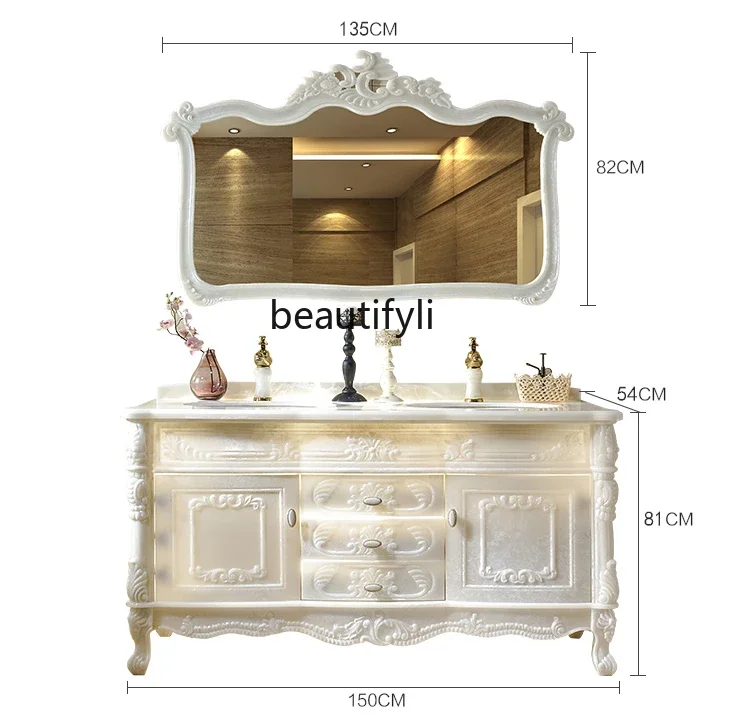 European-Style Bathroom Cabinet Light Luxury Bathroom Integrated Jade Floor Double Basin Bathroom Cabinet Washbasin