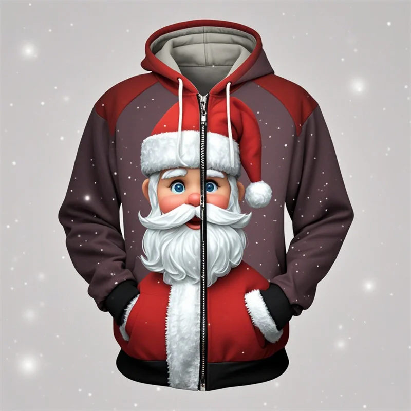 New Christmas Santa Claus 3D Print Zipper Hoodies Men's Autumn Fashion Hooded Sweatshirts Oversized Tracksuit Coats Kid Clothing