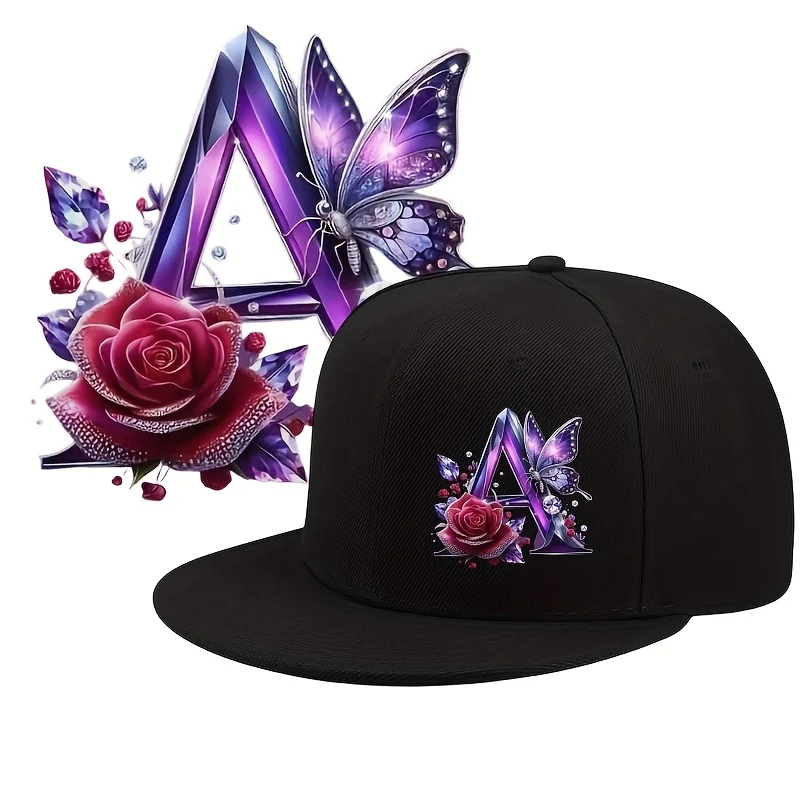 2D Flat - A Flat-Brimmed Baseball Cap Featuring a Crystal Letter A Design, Adorned with Roses And Delicate Butterflies. This Whi