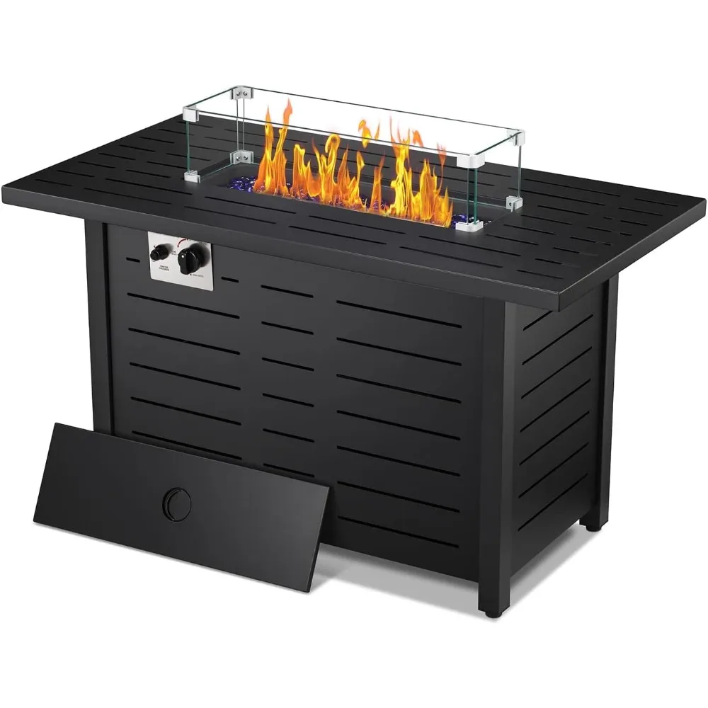 43'' Fire Pit Table with Glass Wind Guard, Protective Cover, Glass Stones, 50,000 BTU, Auto-Ignition, Propane Fire Pit Table