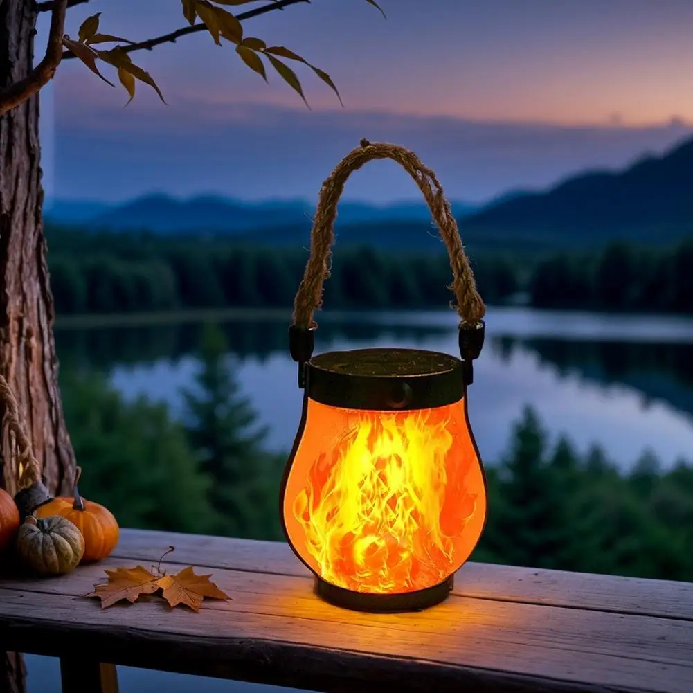 4/1pcs Solar Flame Lamp Flickering LED Hanging Lantern with Hemp Rope -  Halloween Outdoor Solar Light for Garden, Patio
