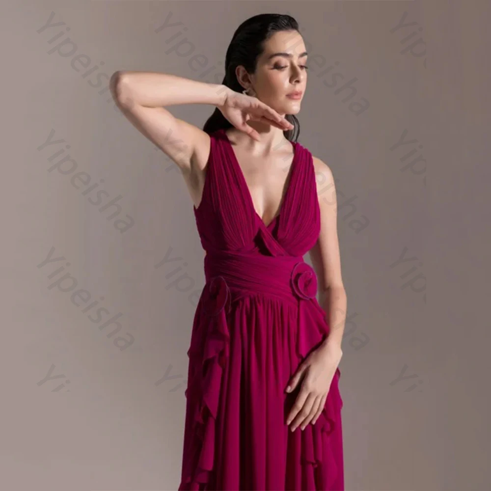 Abito da sera classico sexy di alta qualità in chiffon per abito da ballo senza maniche con scollo a V lungo fino al pavimento con fiori a fessura e balze personalizzato