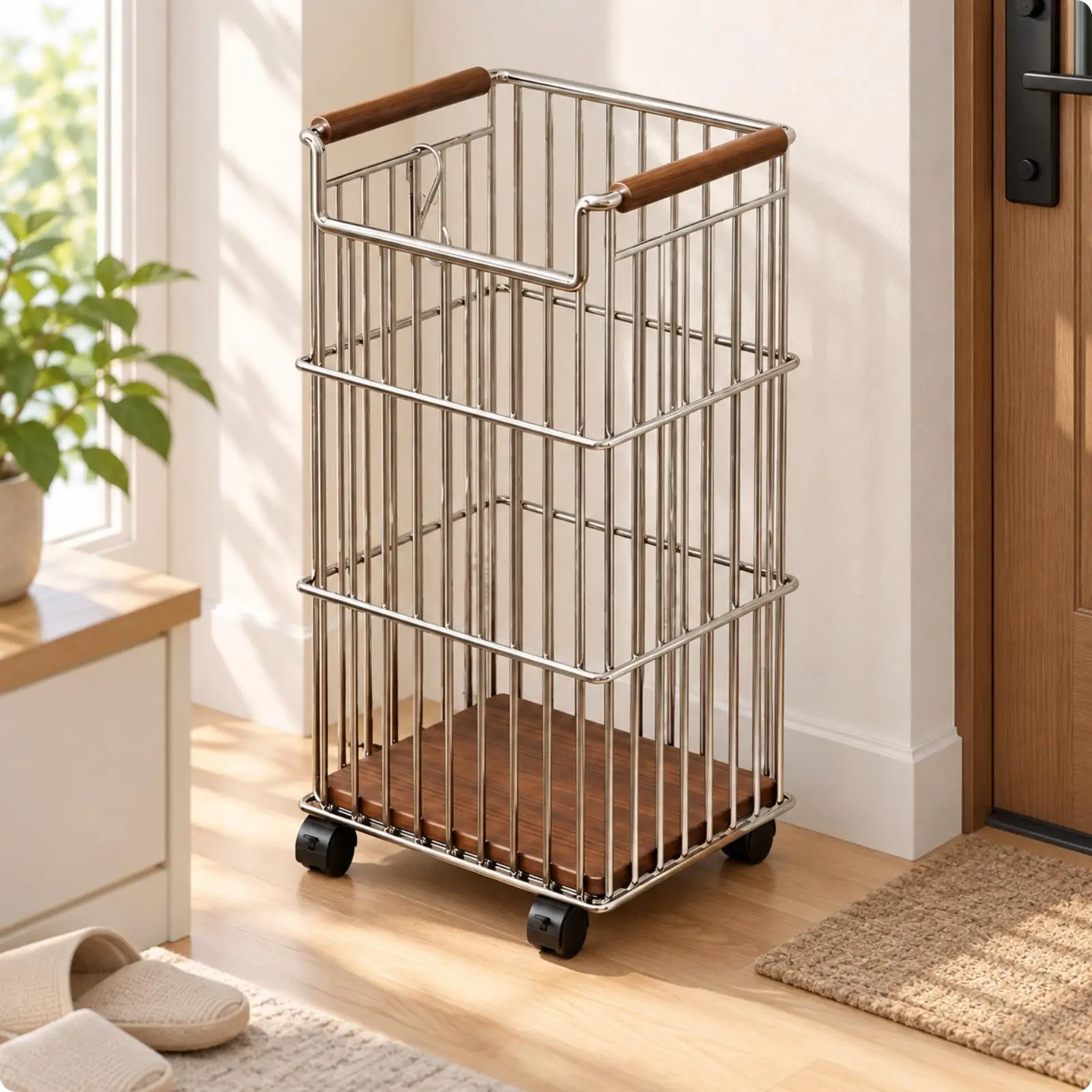 Portable Umbrella Storage Stand with Wood Base for Long Folding Umbrellas Near Door