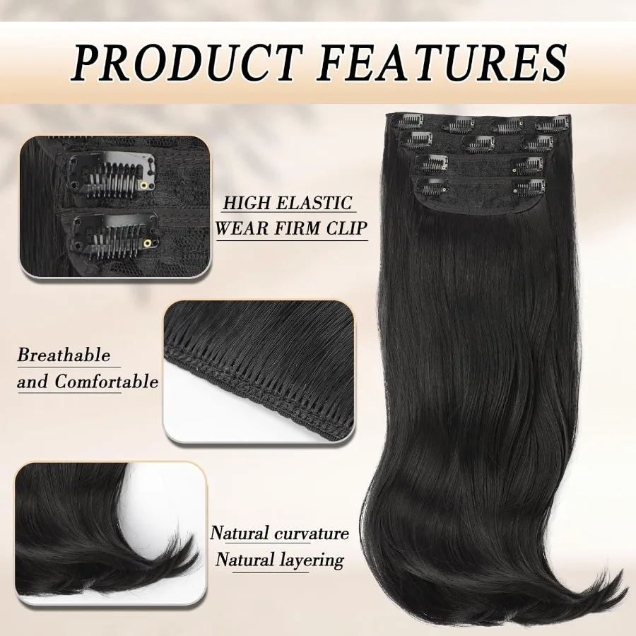 وصلات شعر بمشبك أسود طويل الطبقات بطول 20 بوصة للنساء وصلات شعر صناعية مقاومة للحرارة مثالية للاستخدام اليومي في حواء الطلق
