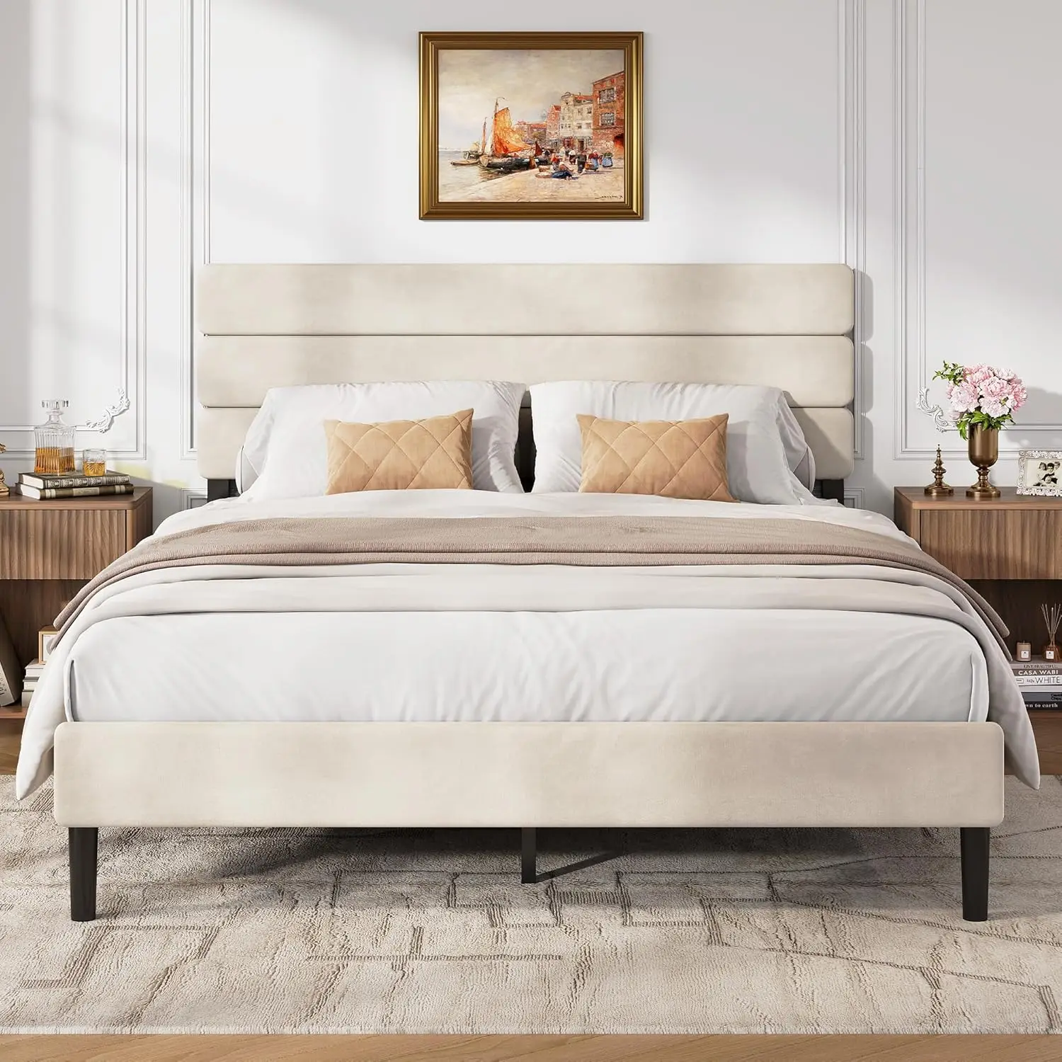 

Queen Size Upholstered Bed Frame, Velvet Square Tufted Headboard, Sturdy Metal & Wooden Slats Support, No Box Spring Neede