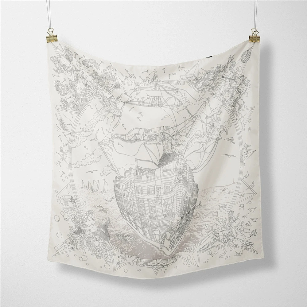 French 53cm New Dream Sailboat Women Twill Silk Scarf Versatile Decorative Square Necktie Small Scarf