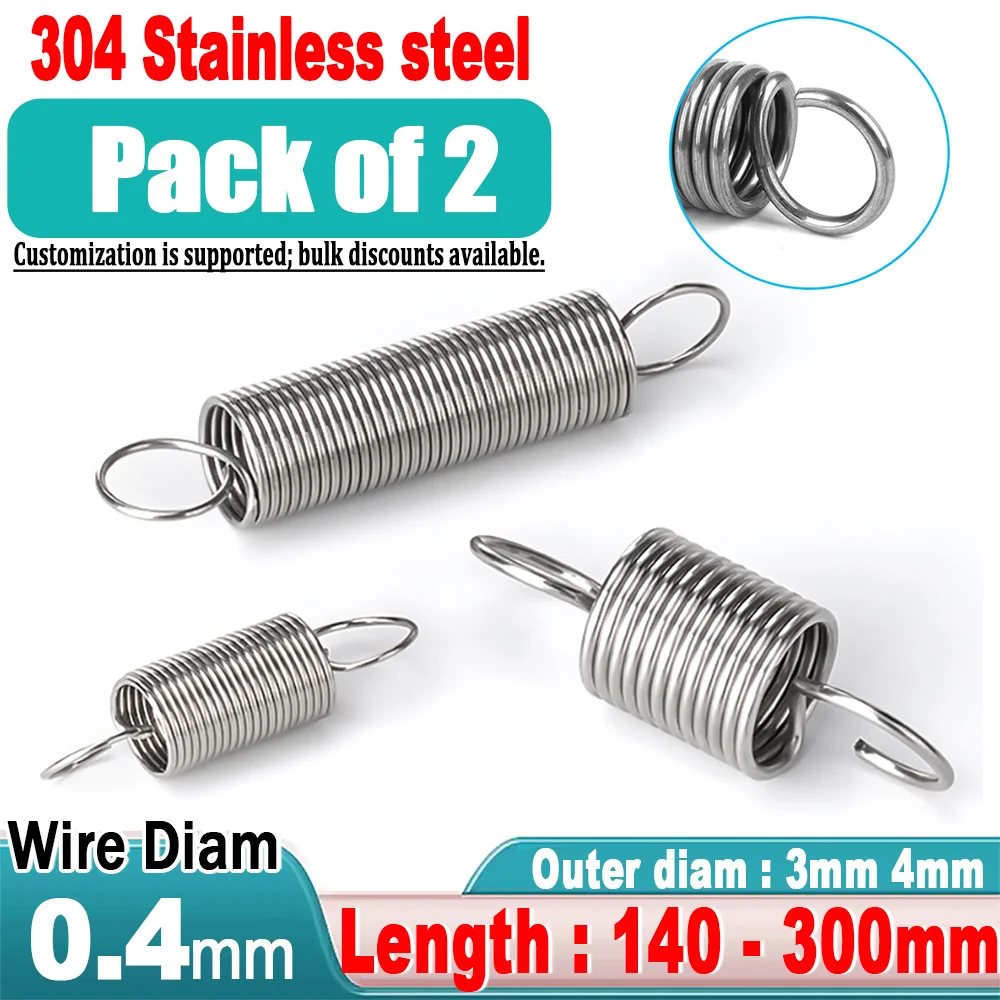 2Pcs Wire Diameter 0.4mm Stainless Steel Open Hook Tension Spring Hook spring Extension Spring Draught Spring Length: 140-300mm
