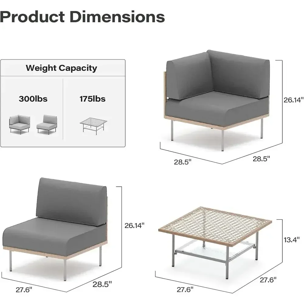 Grey 5-Piece Outdoor Patio Sectional Sofa Set with Washable Cushions and Tempered Glass Table