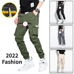 Pantalones Cargo sexys con entrepierna abierta para hombre, pantalones de Camping sin entrepierna sueltos, cremallera oculta Gay, disfraz ajustado transpirable erótico Gay