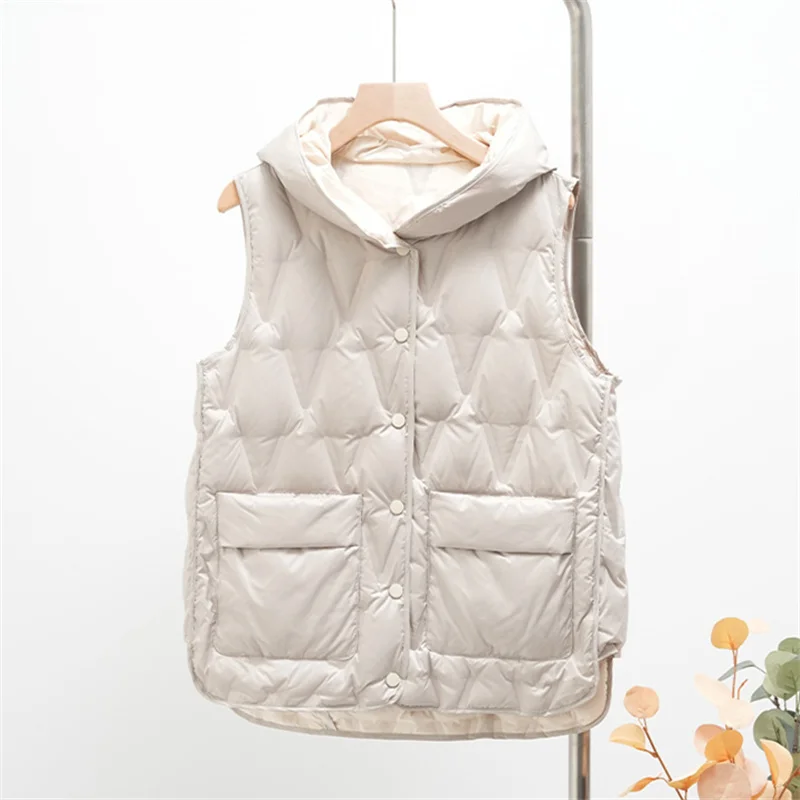 Autunno inverno leggero sottile bianco piumino d'anatra gilet donna caldo con cappuccio giù serbatoio Jakcet signore Casual allentato senza maniche gilet