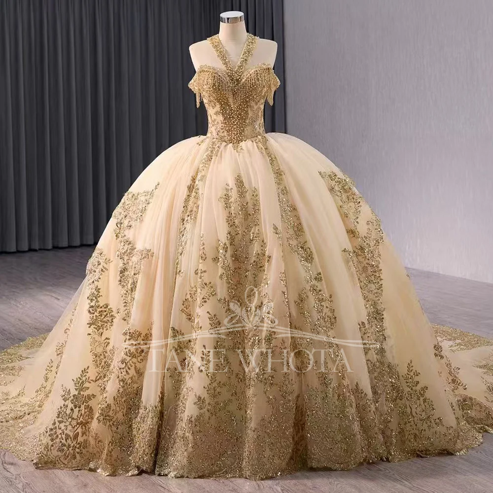 

Luxury Gold Customizable Evening Dress Off The Shoulder Halter Lace Up Back Beaded Sequined Sukienka Wieczorowa