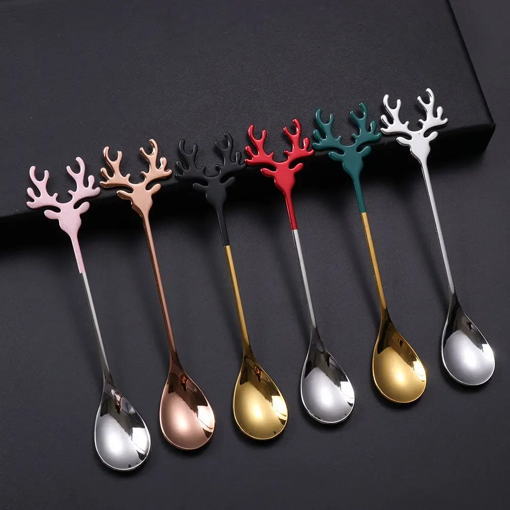 Christmas Spoons Desserts Stirring Spoon Stainless Steel Coffee Scoops Tea Scoop Xmas Antlers Christmas Spoons