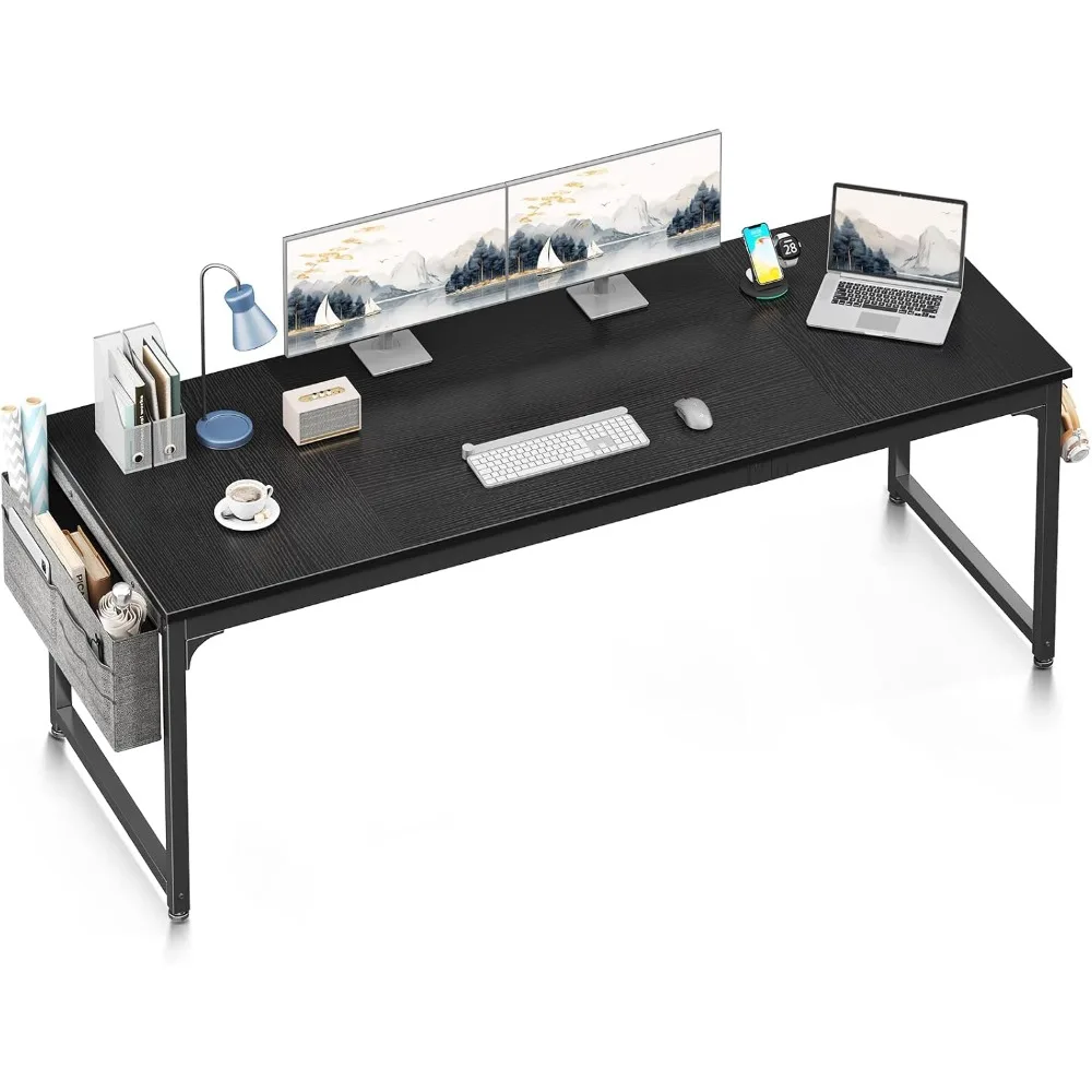 

71 Inch Large Computer Desk Home Office Desk, Long Modern PC Desk Work Table with Headphone Hook & Fabric Bag for Storage, Spli