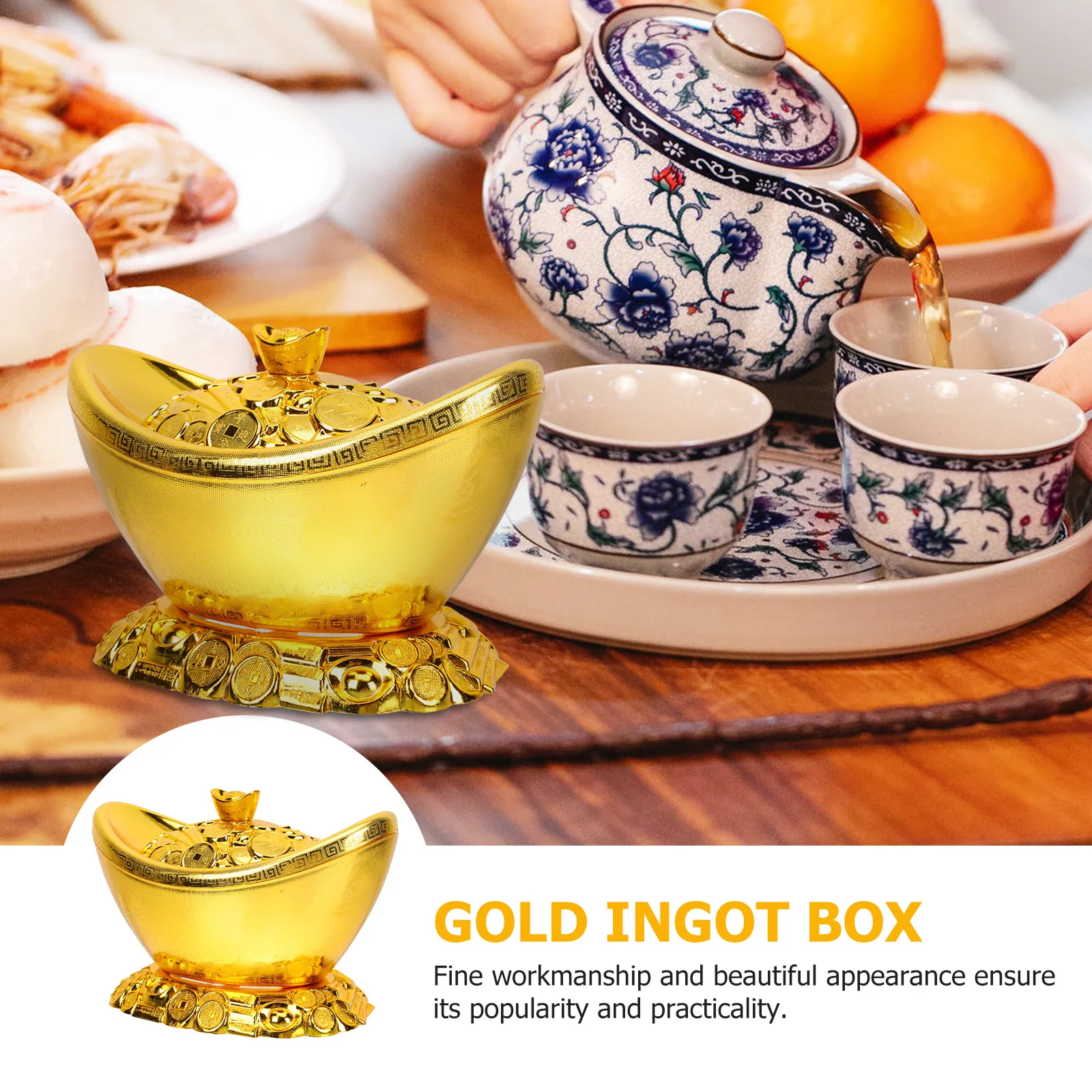 

Elegant Gold Ingot Box Design Wealth Decor Chinese Style Housewarming Present Candy Storage Living Room Accent Piece