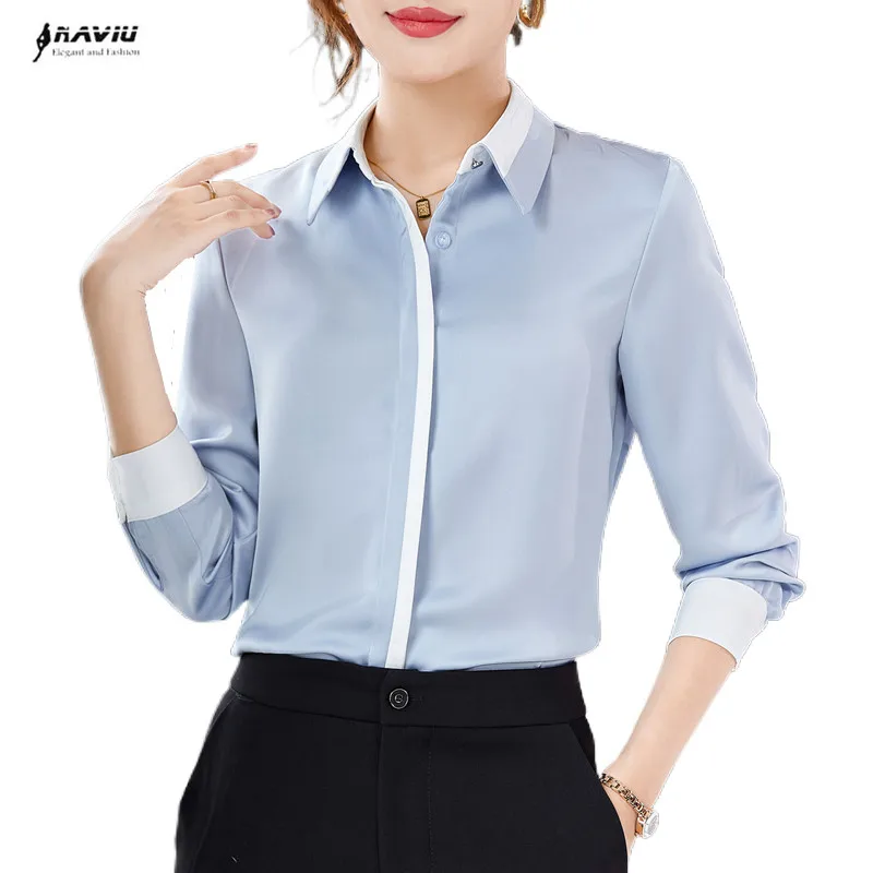 NAVIU Fashion Gray Shirt Women New Spring Temperament Elegant Patchwork Satin Long Sleeve Formal Blouses Office Ladies Work Tops