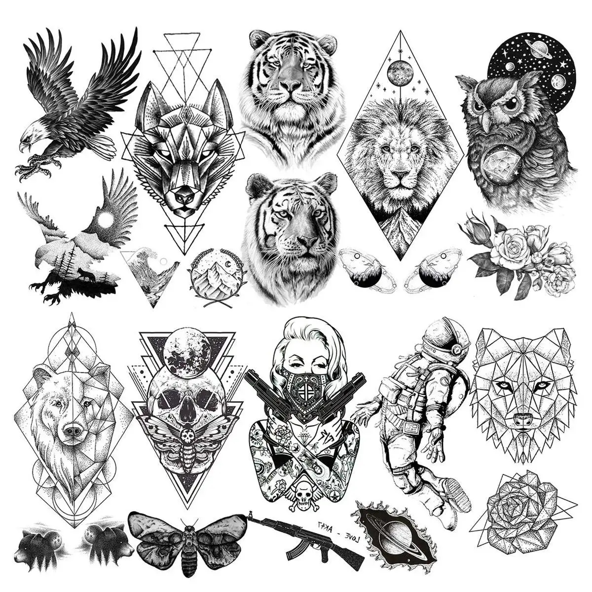 10 Sheets Black Animals Temporary Tattoos For Adults Realistic Fake Lion Tiger Tattoo Waterproof  Skull Gangster Tatoos Body Art