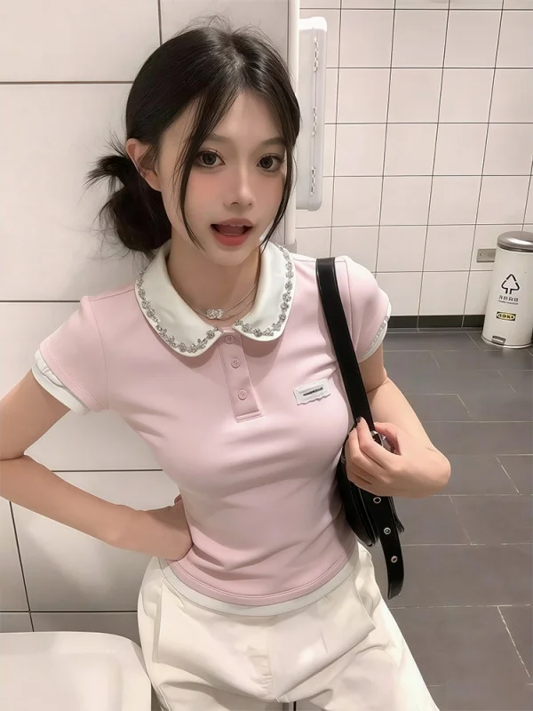 

Korean Style Sweet Short Sleeve T-Shirt Women's Slim Fit Short Design College Style Top Summer Fashion Casual Wear