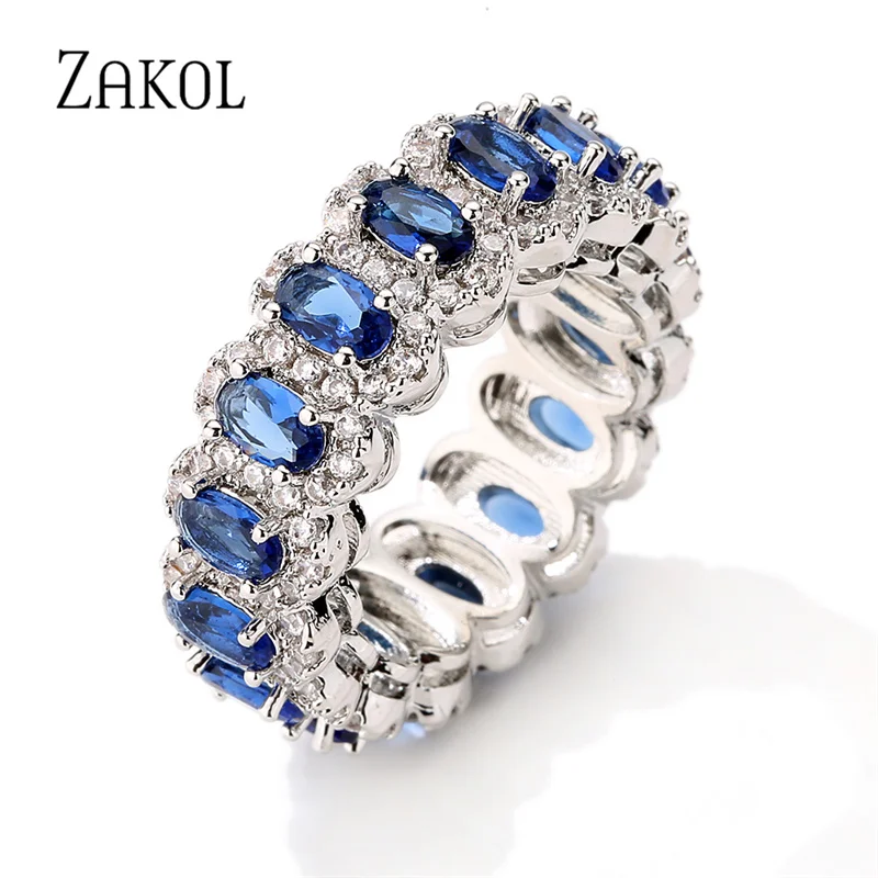 ZAKOL New Exquisite Blue Geometry Oval Cubic Zirconia Wedding Finger Rings for Women Luxury Party Jewelry Gift Best Friend