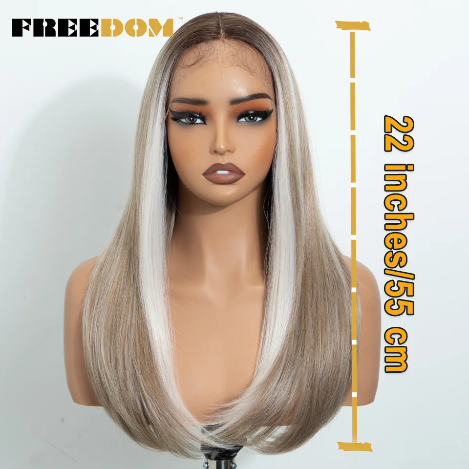 FREEDOM – gerade geschnittene, mehrlagige, synthetische Perücken mit Spitze vorne für Damen, 22 Zoll, mit Mittelscheitel, Ombré-Braun-Blond, ohne Klebstoff, für den täglichen Gebrauch. – Detail 3